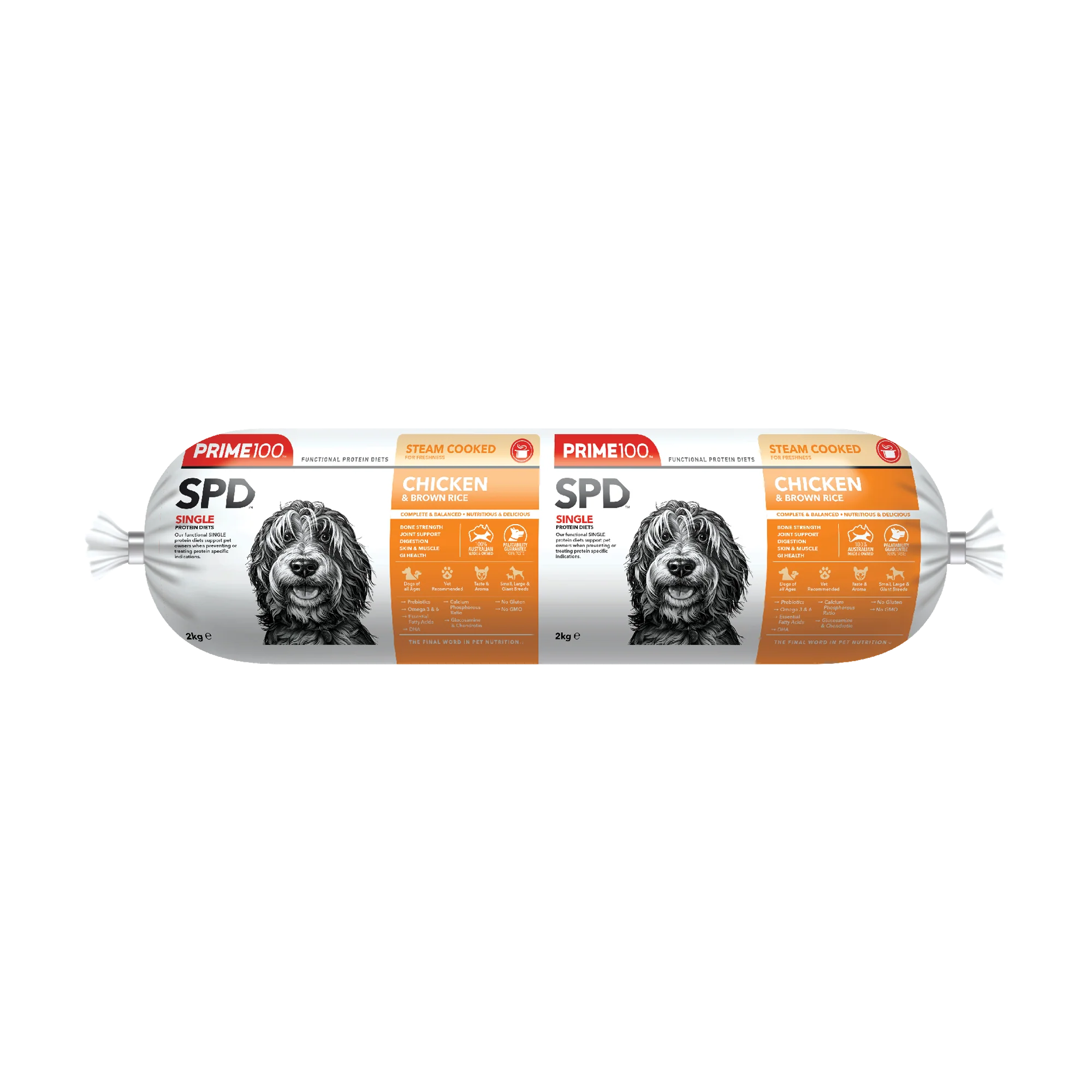 Prime100 single-protein diet chicken & brown rice fresh Dog food Roll 2KG packaging front