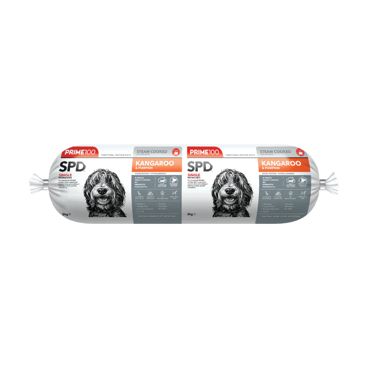 Prime100 grain-free, single-protein diet Kangaroo & Pumpkin fresh Dog food Roll 2KG packaging front