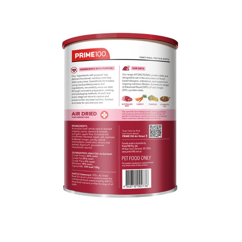 Prime100 SPD Air Dried Beef & Carrot Dry Dog Food 600G back