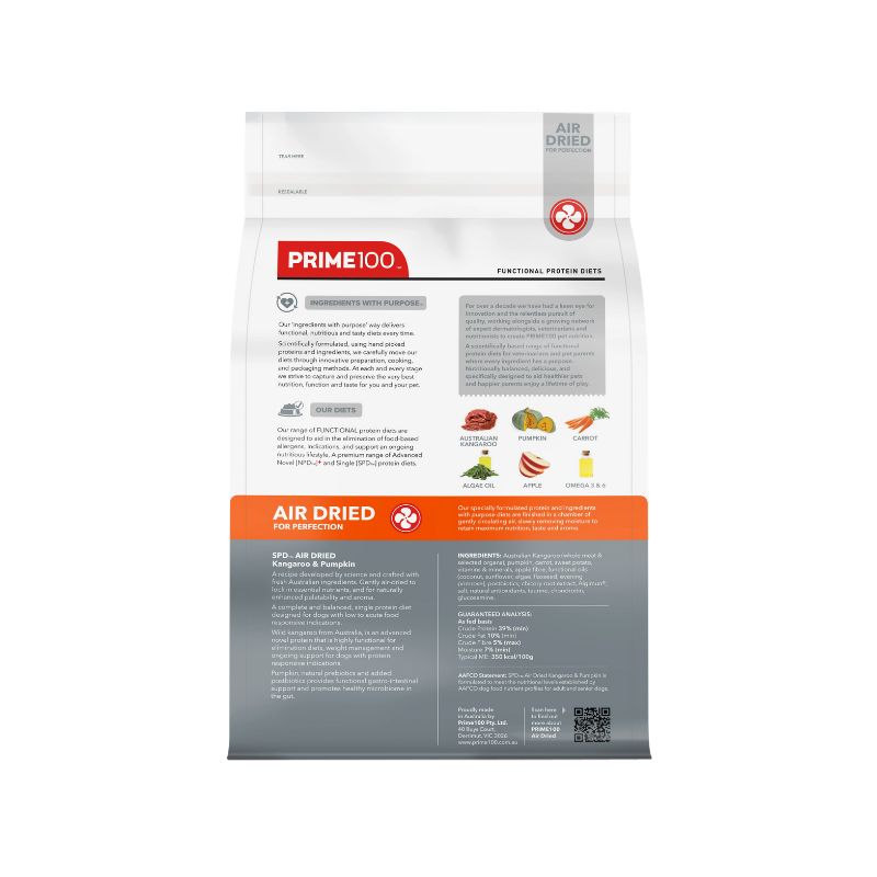 Prime100 SPD Air Dried Kangaroo and Pumpkin Dry Dog Food 2.2KG back