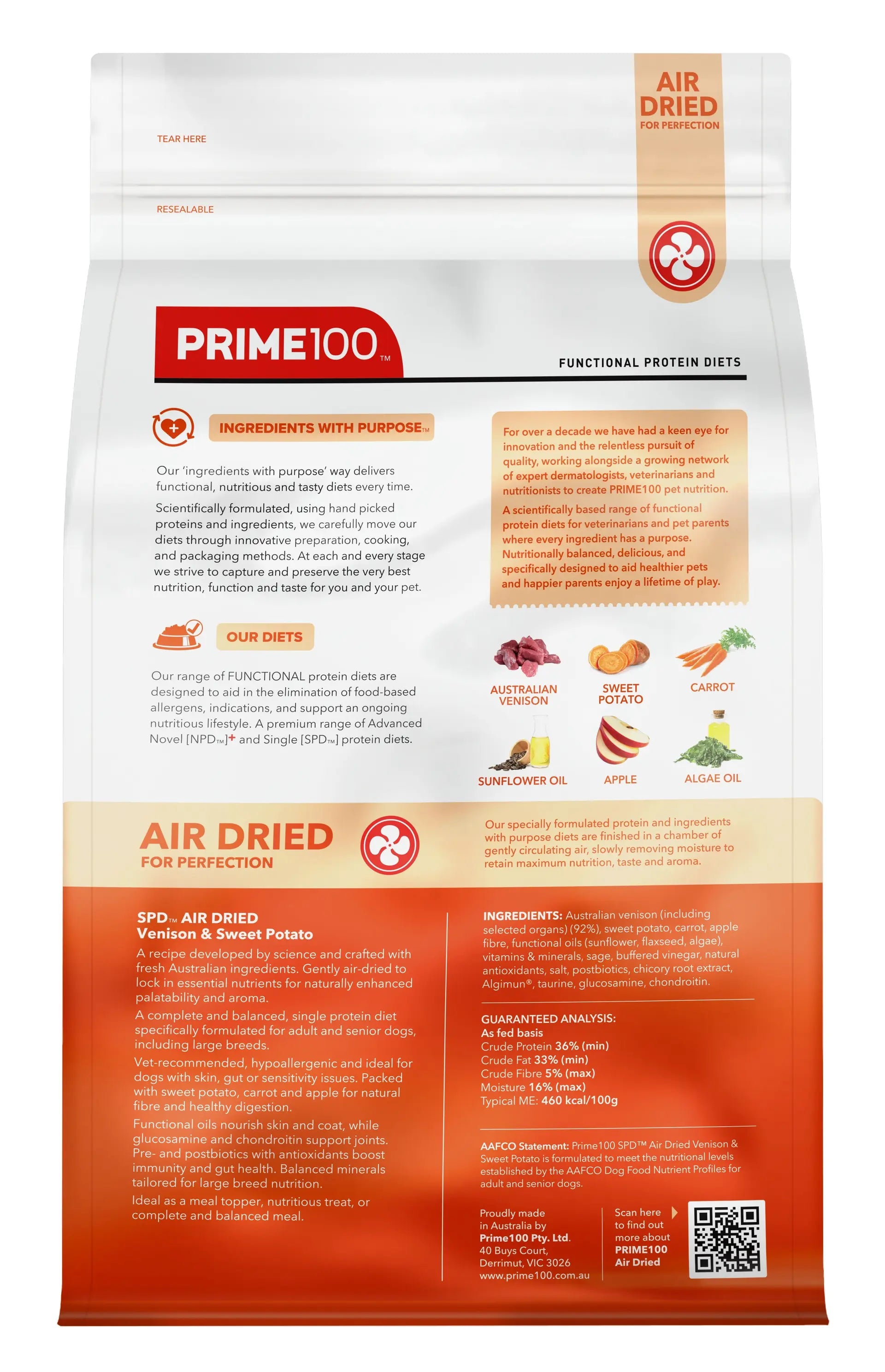 Prime100 SPD Air Dried Venison and Sweet Potato Dry Dog Food 2.2kg back