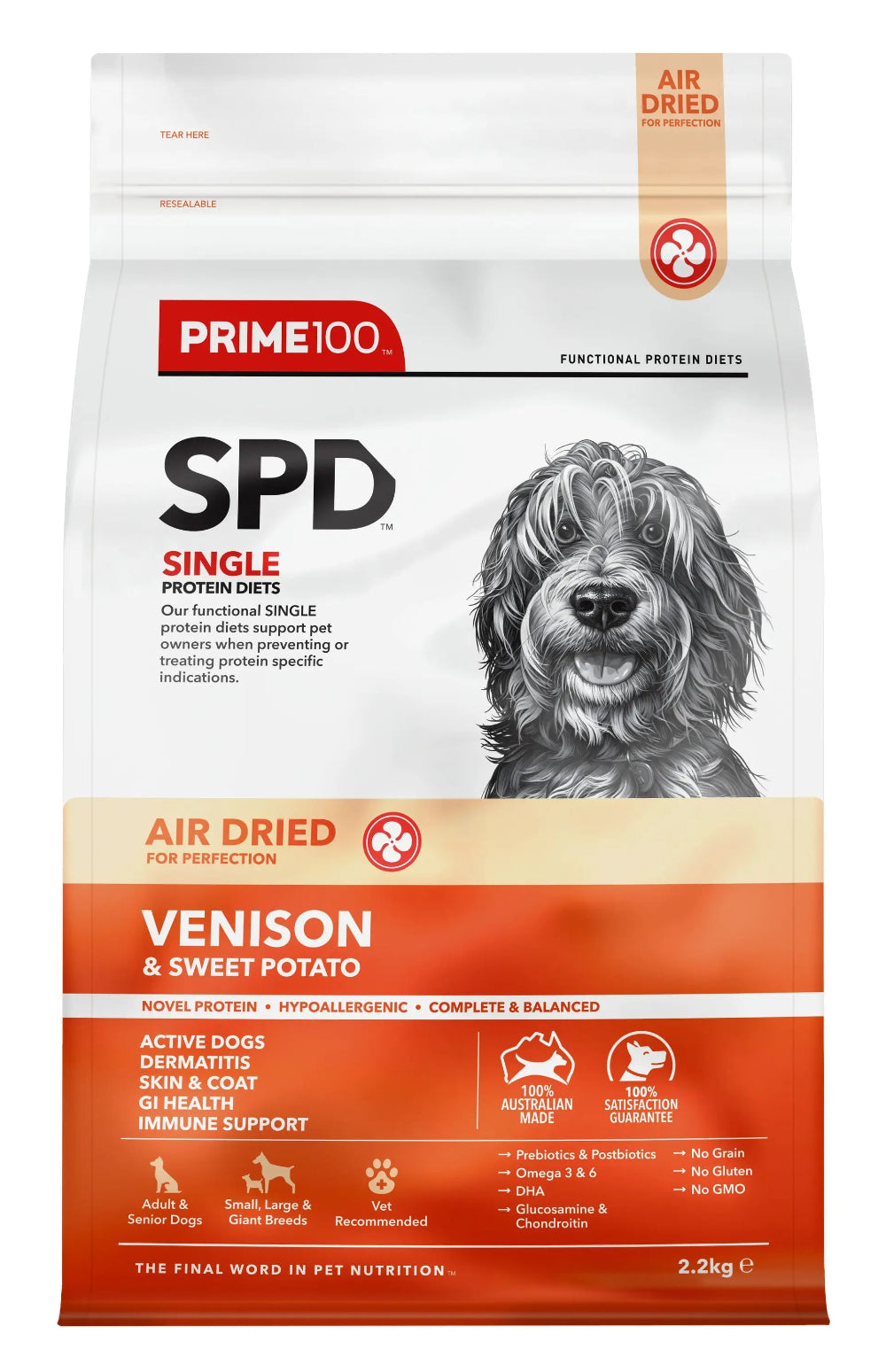 Prime100 SPD Air Dried Venison and Sweet Potato Dry Dog Food 2.2kg front