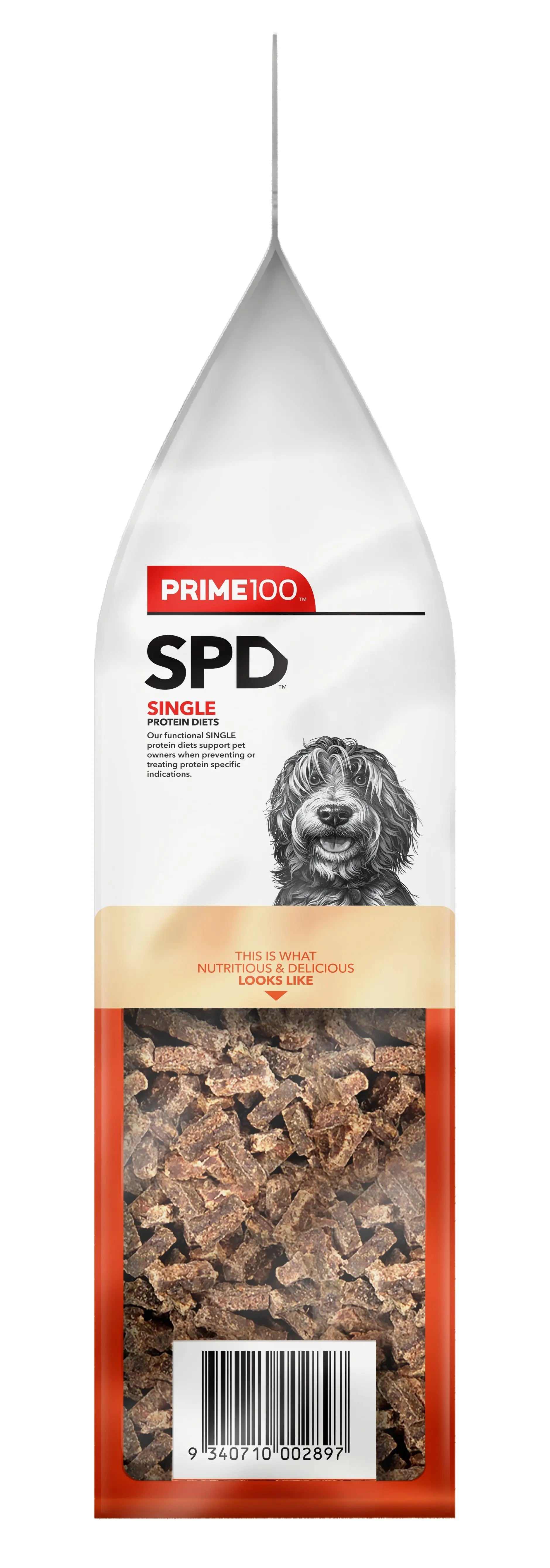 Prime100 SPD Air Dried Venison and Sweet Potato Dry Dog Food side view and kibble display