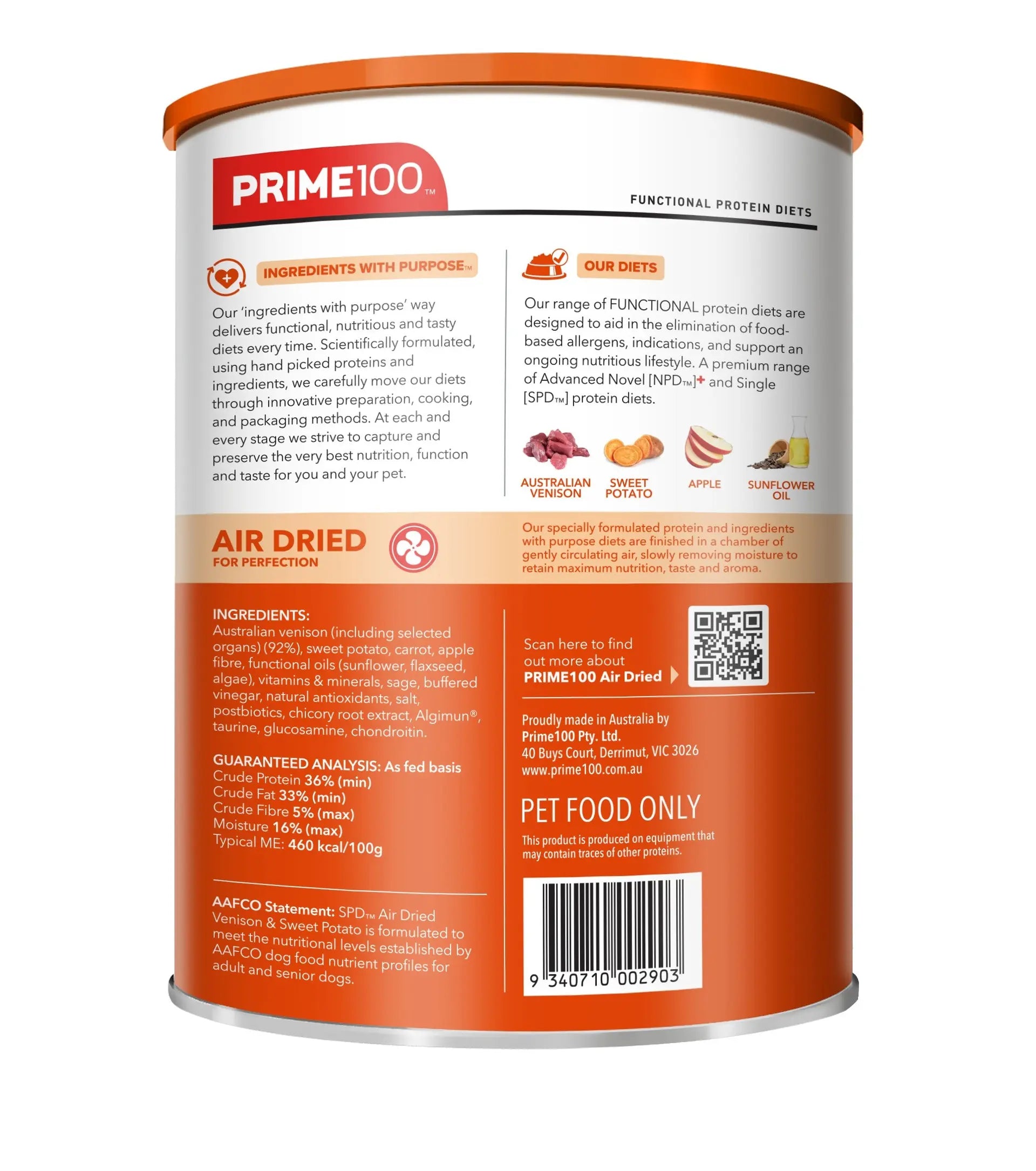 Prime100 SPD Air Dried Venison and Sweet Potato Dry Dog Food 600g back