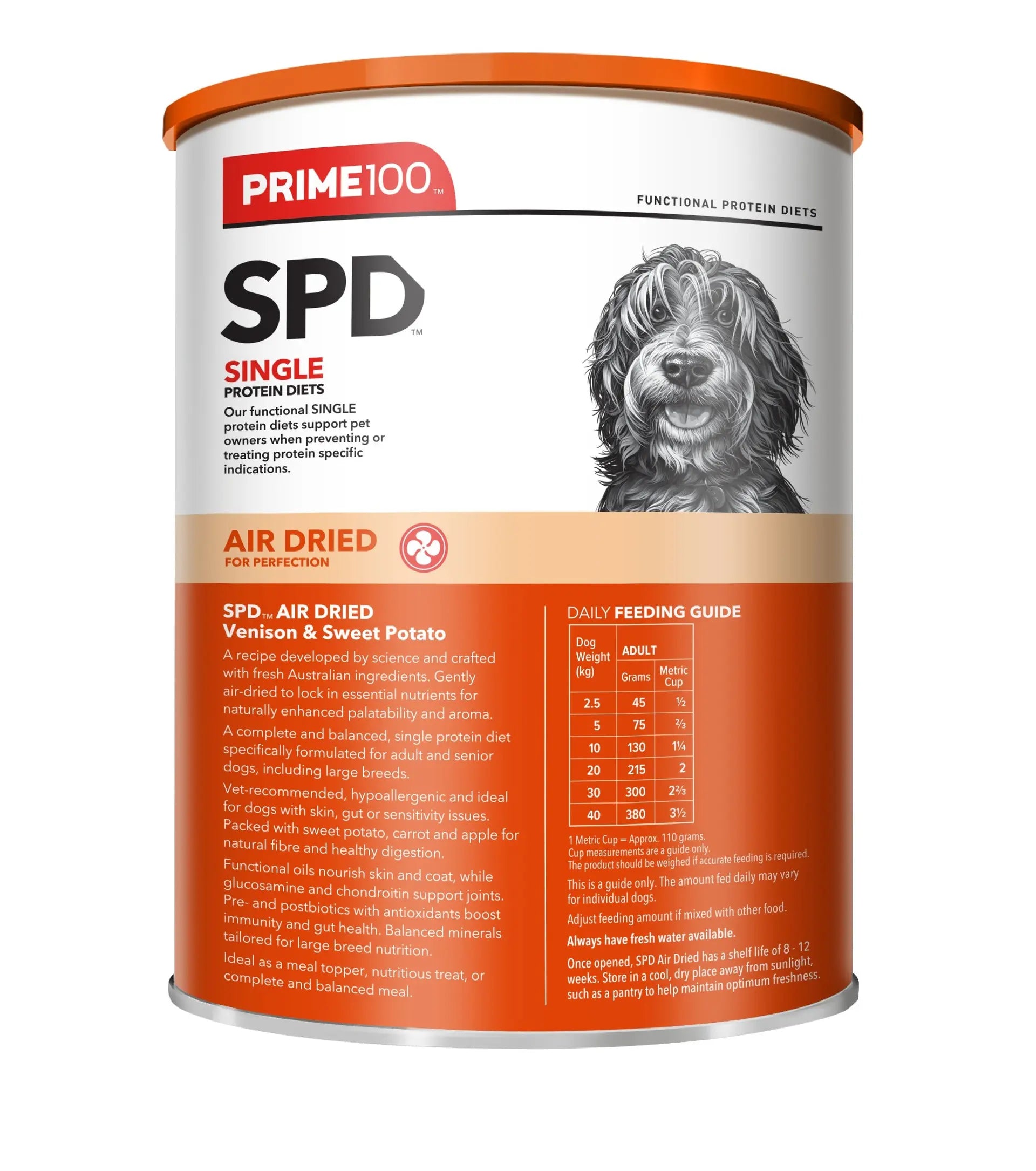 Prime100 SPD Air Dried Venison and Sweet Potato Dry Dog Food feeding guide and information label