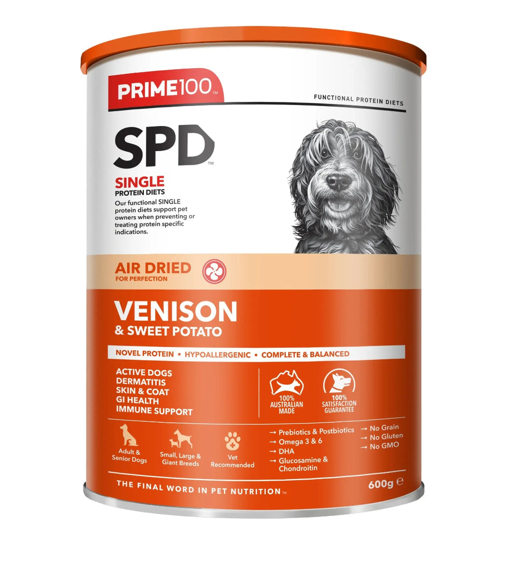 Prime100 SPD Air Dried Venison and Sweet Potato Dry Dog Food 600g front