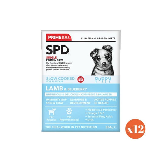 prime100 spd puppy lamb and blueberry slow cooked wet dog food 354gx12