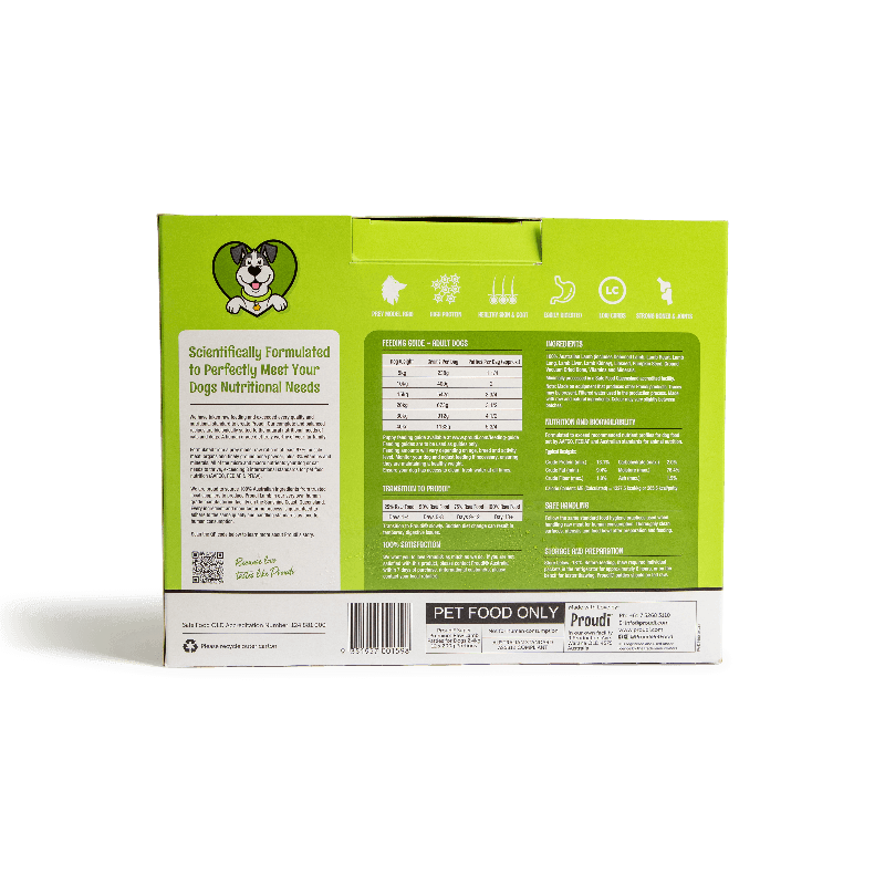 Back of Proudi Raw Lamb Dog Food 2.4kg box showing ingredients, feeding guide and nutritional analysis.
