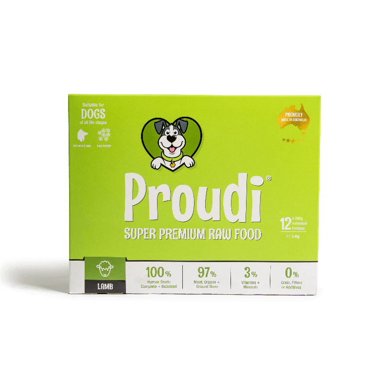 Front view of Proudi Raw Lamb Dog Food 2.4kg box showing 12 patties and key nutritional claims.
