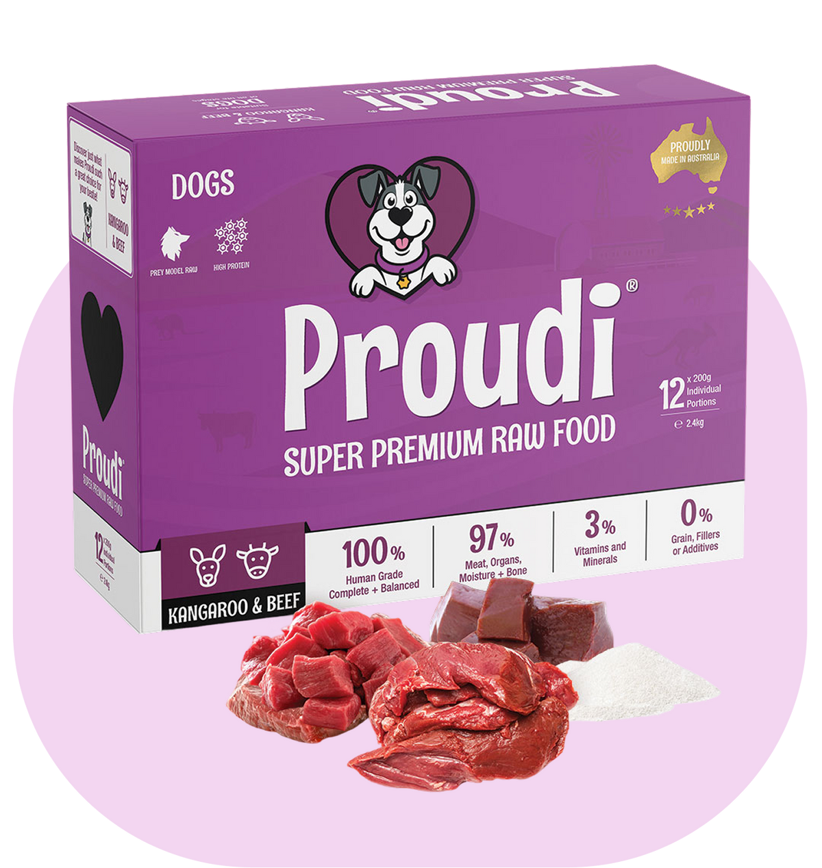 Proudi Kangaroo & Beef raw dog food 2.4 kg box (12 portions), current packaging