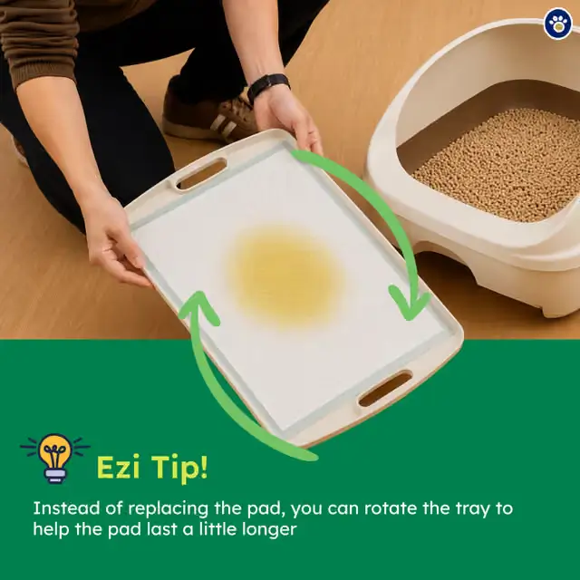 Demonstration showing how to rotate the pull-out tray to maximize the usage life of the cat absorbent pee pad