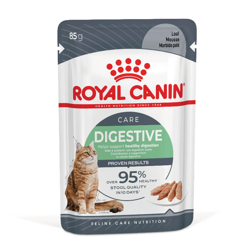 Royal Canin Digestive Care cat food pouch on a white background