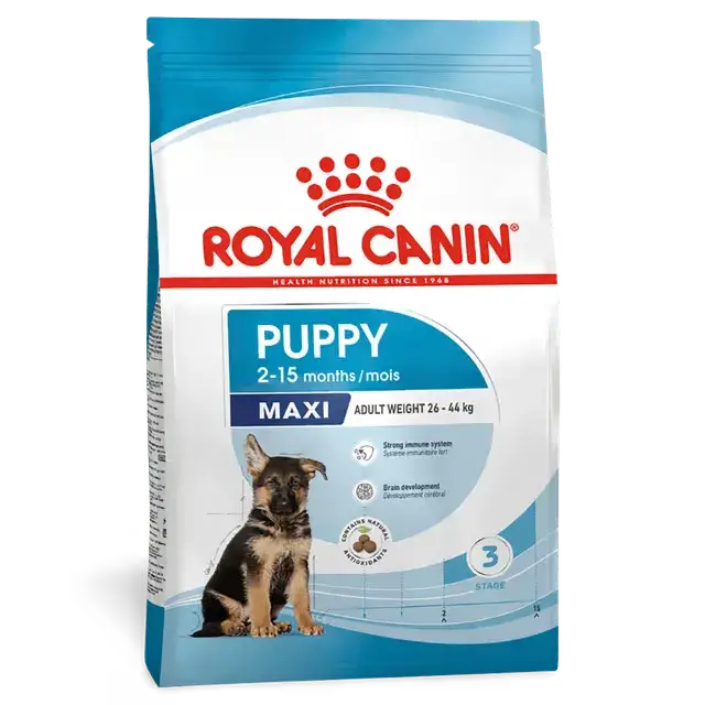 Royal Canin Maxi Puppy dry dog food bag for large breed puppies aged 2 to 15 months with an expected adult weight of 26 to 44 kg.