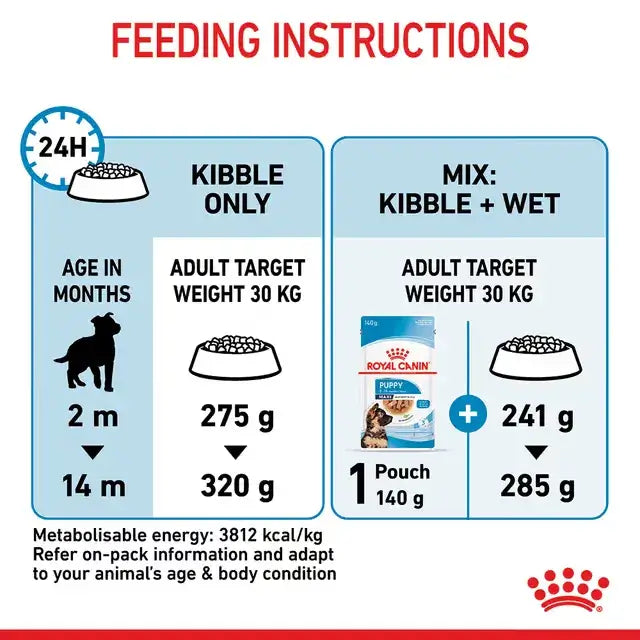 Royal Canin Maxi Puppy daily feeding guide for 30 kg target adult weight, comparing dry kibble only and mixed wet and dry feeding.