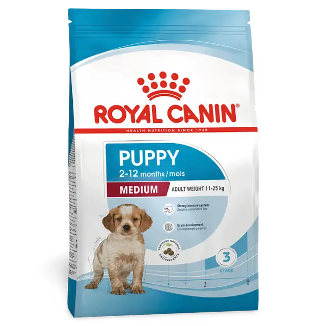 Royal Canin Medium Puppy dry dog food bag for medium breed puppies aged 2 to 12 months with an expected adult weight of 11 to 25 kg.
