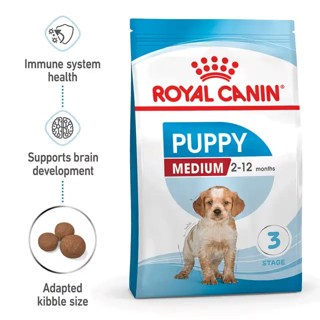 Royal Canin Medium Puppy dry dog food packaging showing immune system health, brain development support and adapted kibble size.