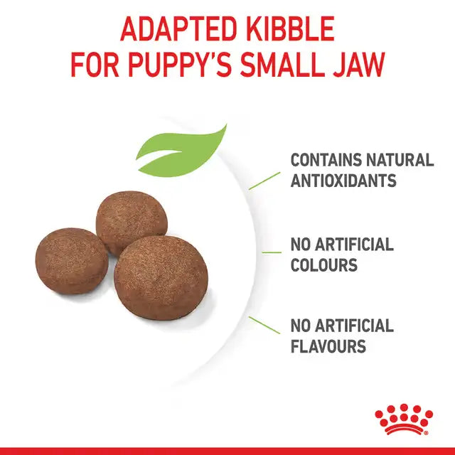 Royal Canin Medium Puppy dry dog food round kibble designed for puppy jaws, with natural antioxidants and no artificial colours or flavours.