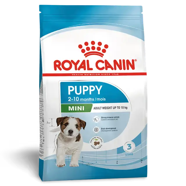 Royal Canin Mini Puppy dry dog food bag for small breed puppies aged 2 to 10 months with an expected adult weight up to 10 kg.