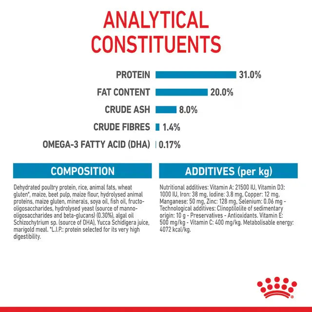 Royal Canin Mini Puppy dry dog food nutritional analysis showing 31% protein, 20% fat, 8% crude ash, 1.4% crude fibre and 0.17% DHA.