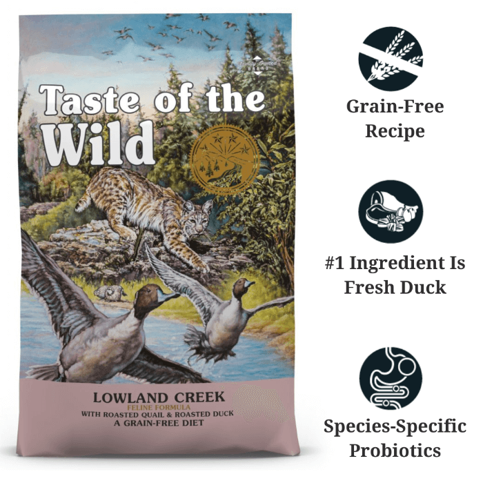 taste of the wild grain free lowland creek roasted quail and roasted duck dry cat food features