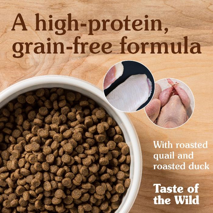 taste of the wild grain free lowland creek roasted quail and roasted duck dry cat food  ingredients and kibble display