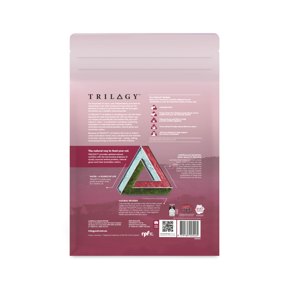 TRILOGY Beef & Freeze Dried Lamb Adult Cat Food back of packaging