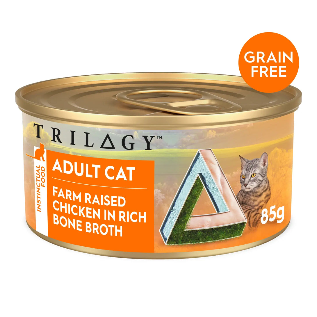 trilogy grain free farm raised chicken in rich bone broth adult wet cat food 85g front
