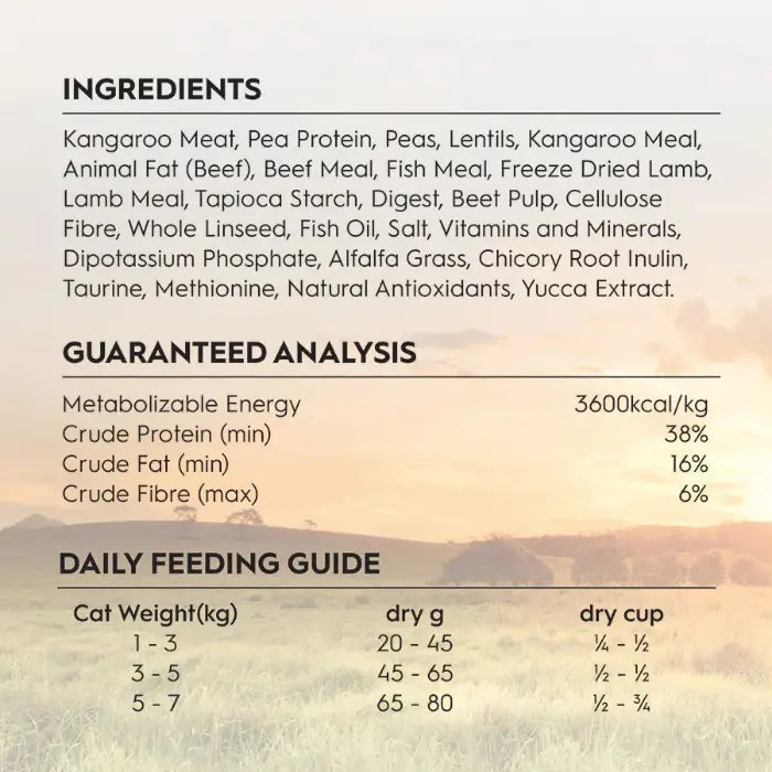 trilogy kangaroo and freeze dried lamb dry cat food ingrdients, guaranteed analysis and daily feeding guide