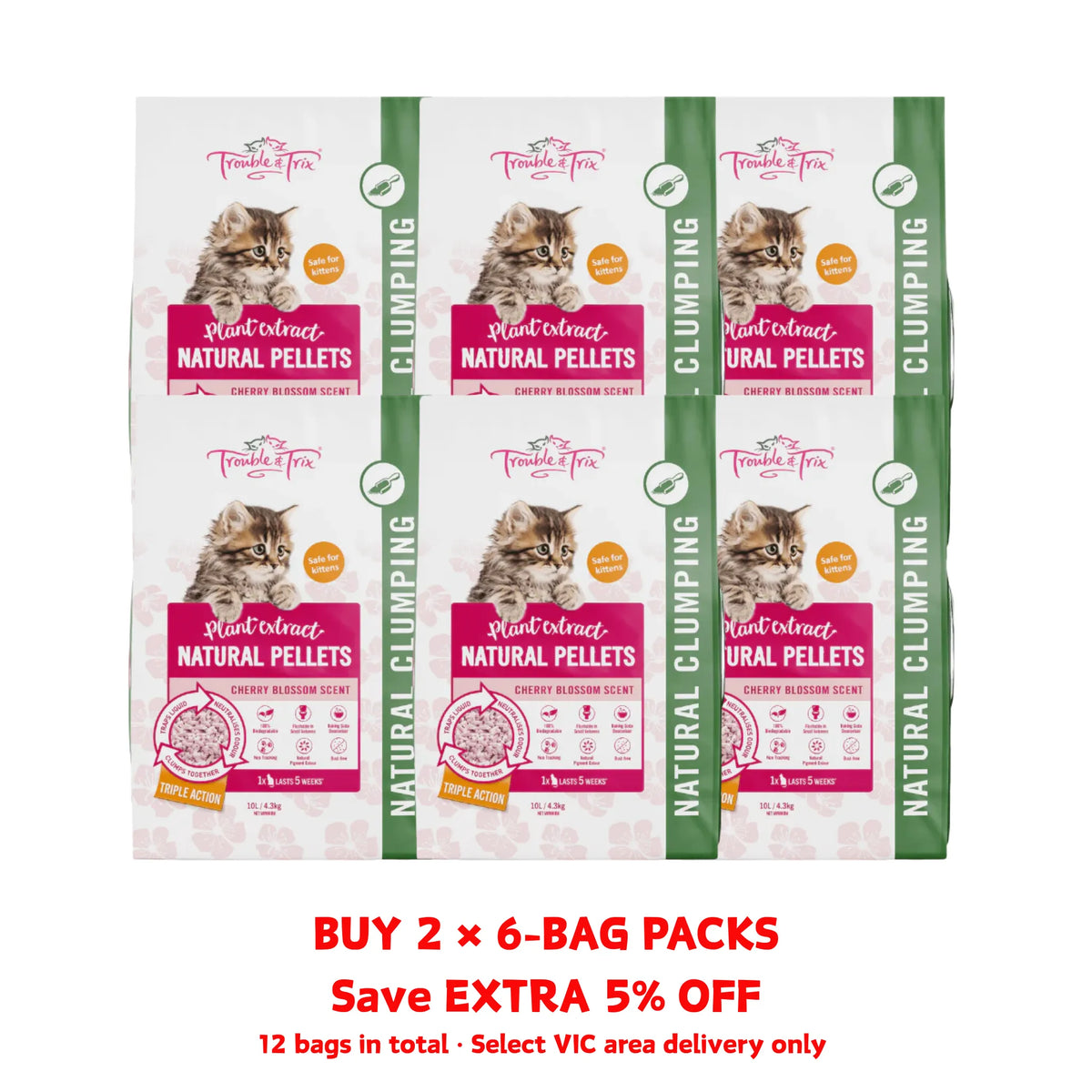 Trouble & Trix Cherry Blossom Plant Extract Natural Pellets clumping cat litter 12-bag bundle