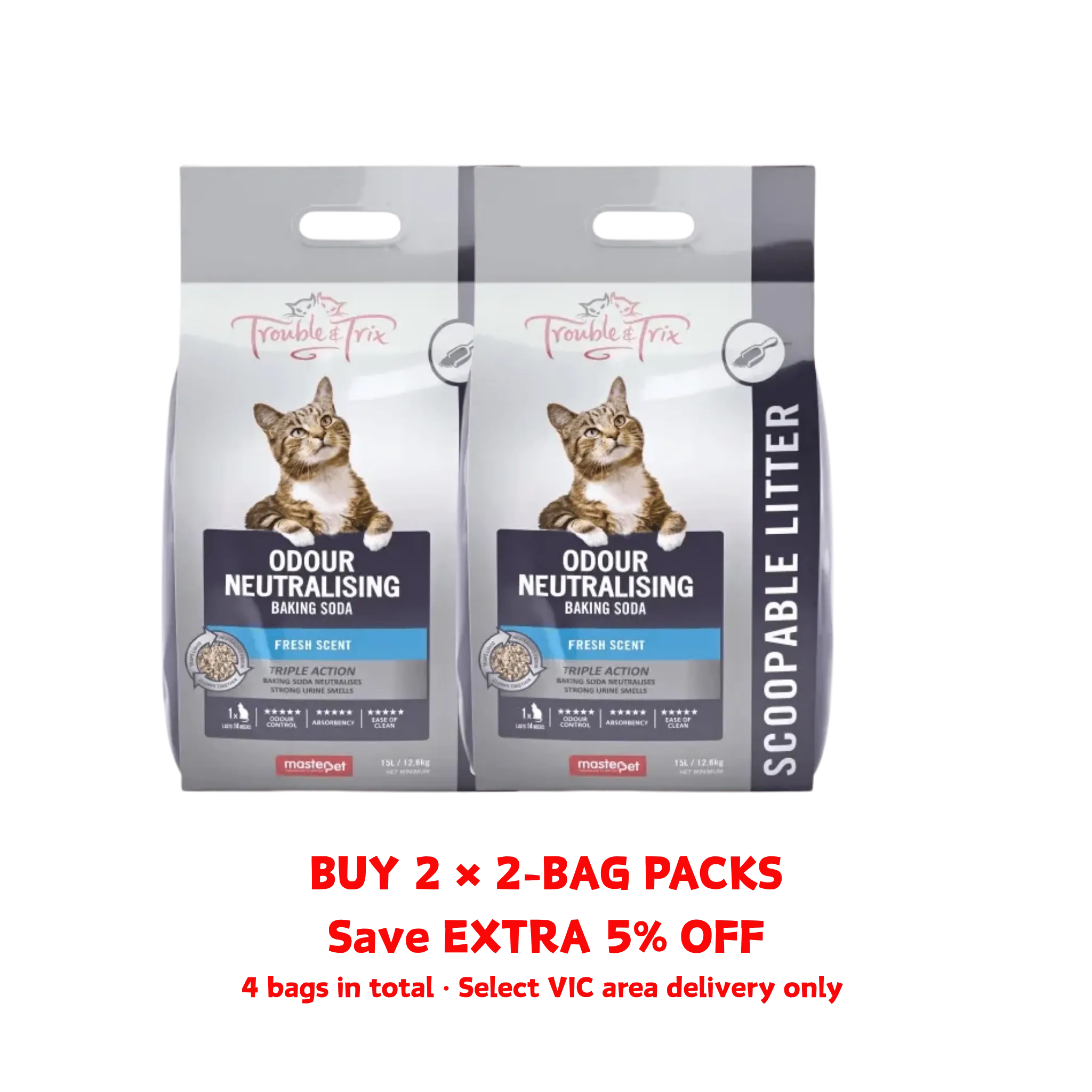 Trouble & Trix Fresh Scent Odour Neutralising Scoopable Cat Litter 4-bag bundle promotion