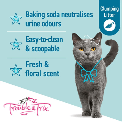 touble and trix lightweight baking soda clumping cat litter 15l fresh floral scent features