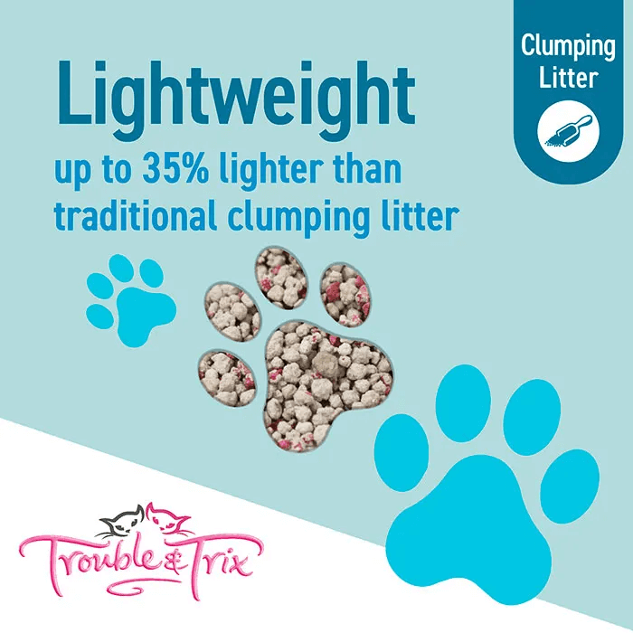 touble and trix lightweight baking soda clumping cat litter 15l fresh floral scent 35% lighter than traditional clumping litter