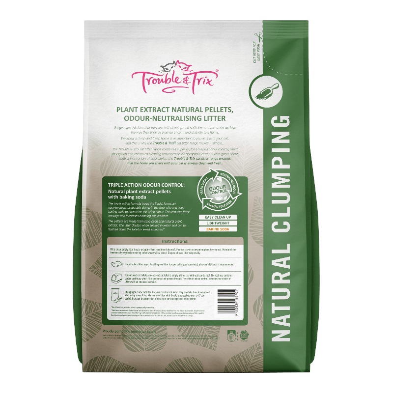 Back view of Trouble & Trix Natural Pellets Cat Litter 10L packaging