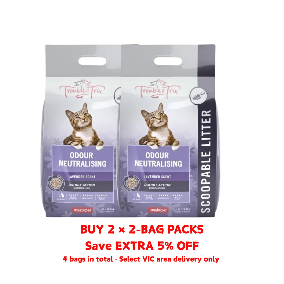 Trouble & Trix Lavender Odour Neutralising Scoopable Cat Litter 4-bag bundle promotion