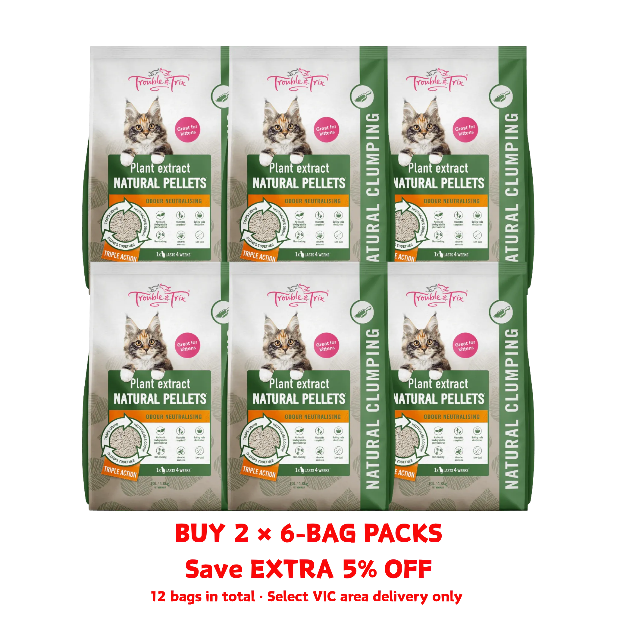 Trouble & Trix Plant Extract Natural Pellets clumping cat litter 12-bag bundle promotion