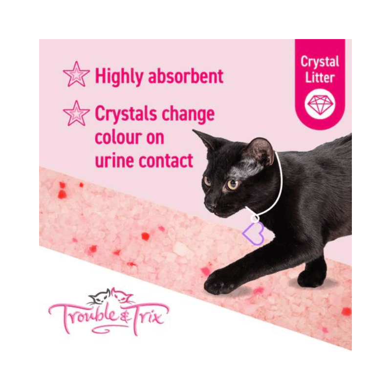 Trouble & Trix AntiBac Crystal Cat Litter highlighting high absorbency and colour-changing crystals on urine contact.