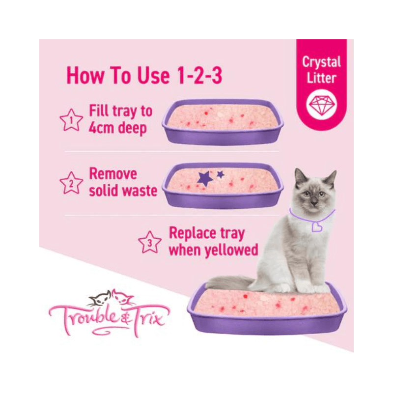 Trouble & Trix Crystal Cat Litter usage guide showing fill depth, waste removal and tray replacement instructions.