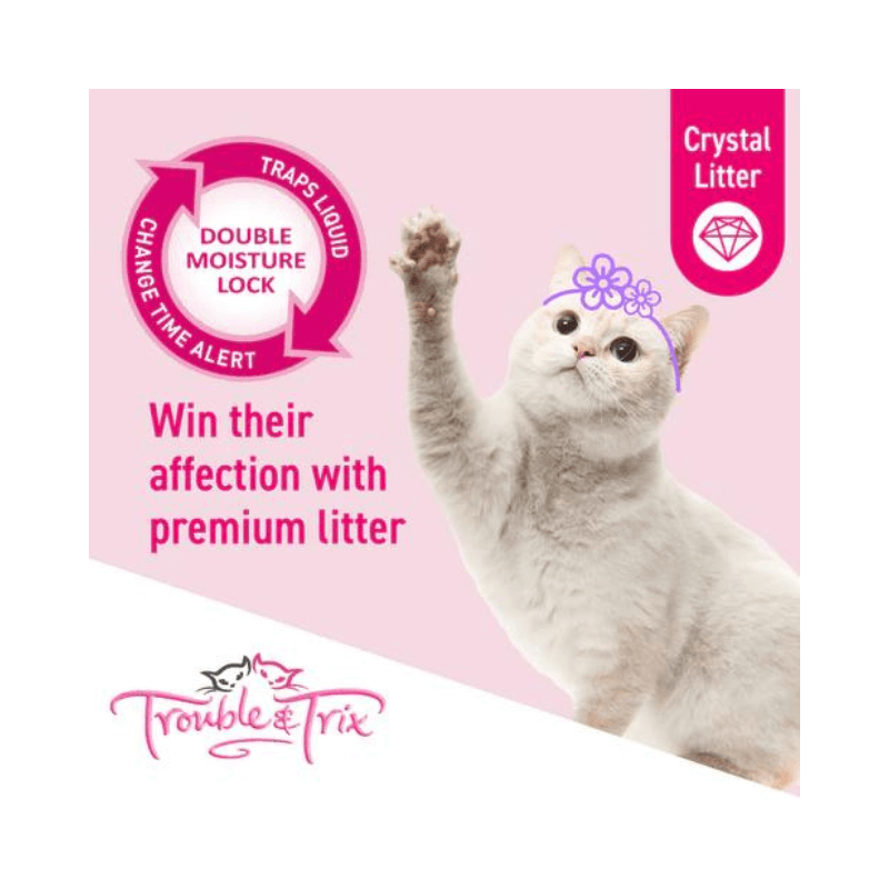 Trouble & Trix Crystal Cat Litter with Double Moisture Lock system and premium odour-neutralising formula.