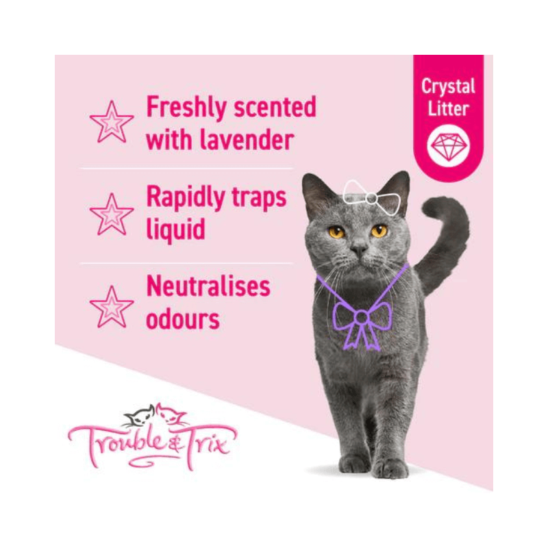 Trouble & Trix Crystal Cat Litter Lavender showing features: lavender scent, rapid liquid absorption, odour control.