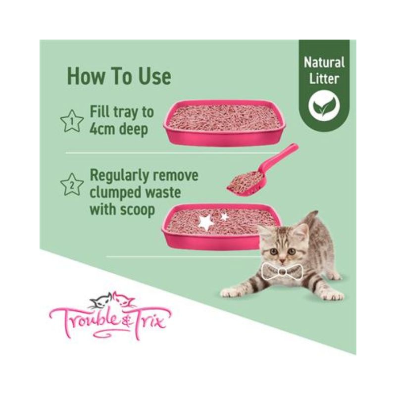 How to use Trouble & Trix natural tofu cat litter — fill tray to 4cm and scoop clumped waste regularly.
