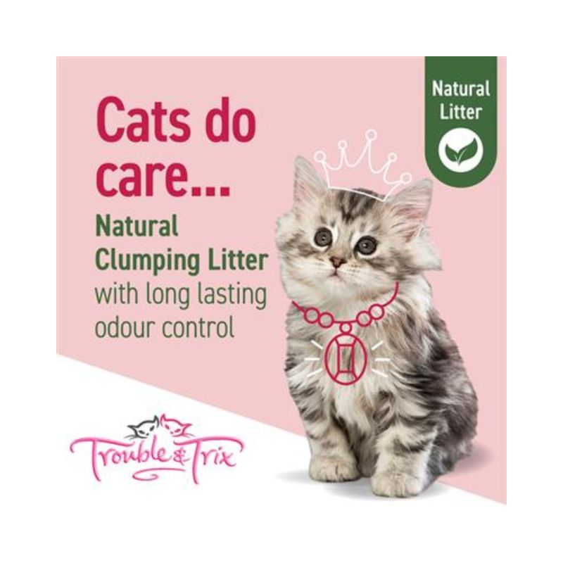 Kitten sitting beside Trouble & Trix Natural Clumping Cat Litter with long-lasting odour control.
