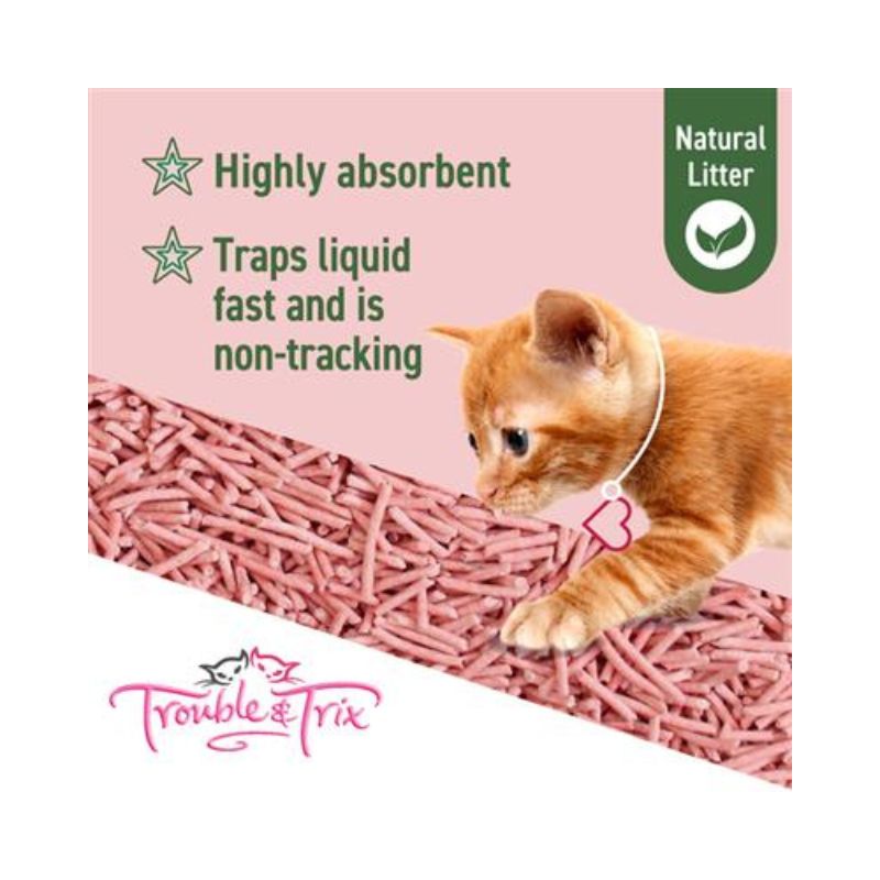 Trouble & Trix natural tofu cat litter pellets showing high absorbency and non-tracking features.
