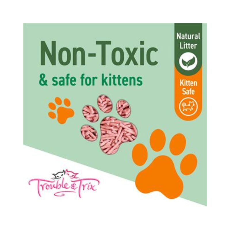 Trouble & Trix natural tofu cat litter, non-toxic and safe for kittens with plant-based ingredients.
