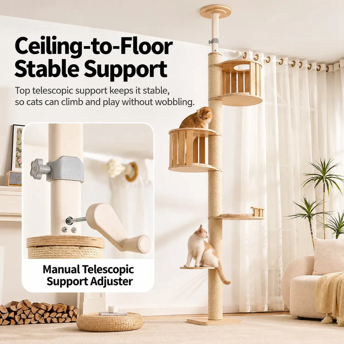 V03 tall cat tree with adjustable telescopic ceiling support and metal locking mechanism for secure installation.