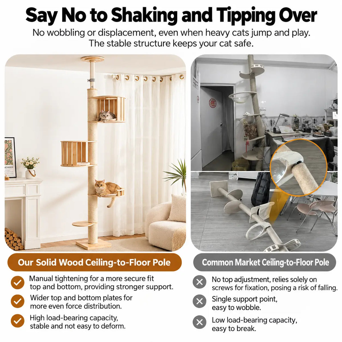 Comparison graphic highlighting the V03 cat tree adjustable ceiling support and multi-layer plywood platform construction.