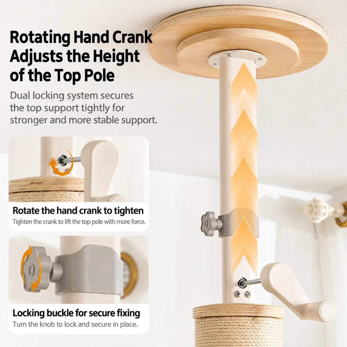 Close-up of V03 floor-to-ceiling cat tower hand-crank adjustment and locking fittings on telescopic support pole.