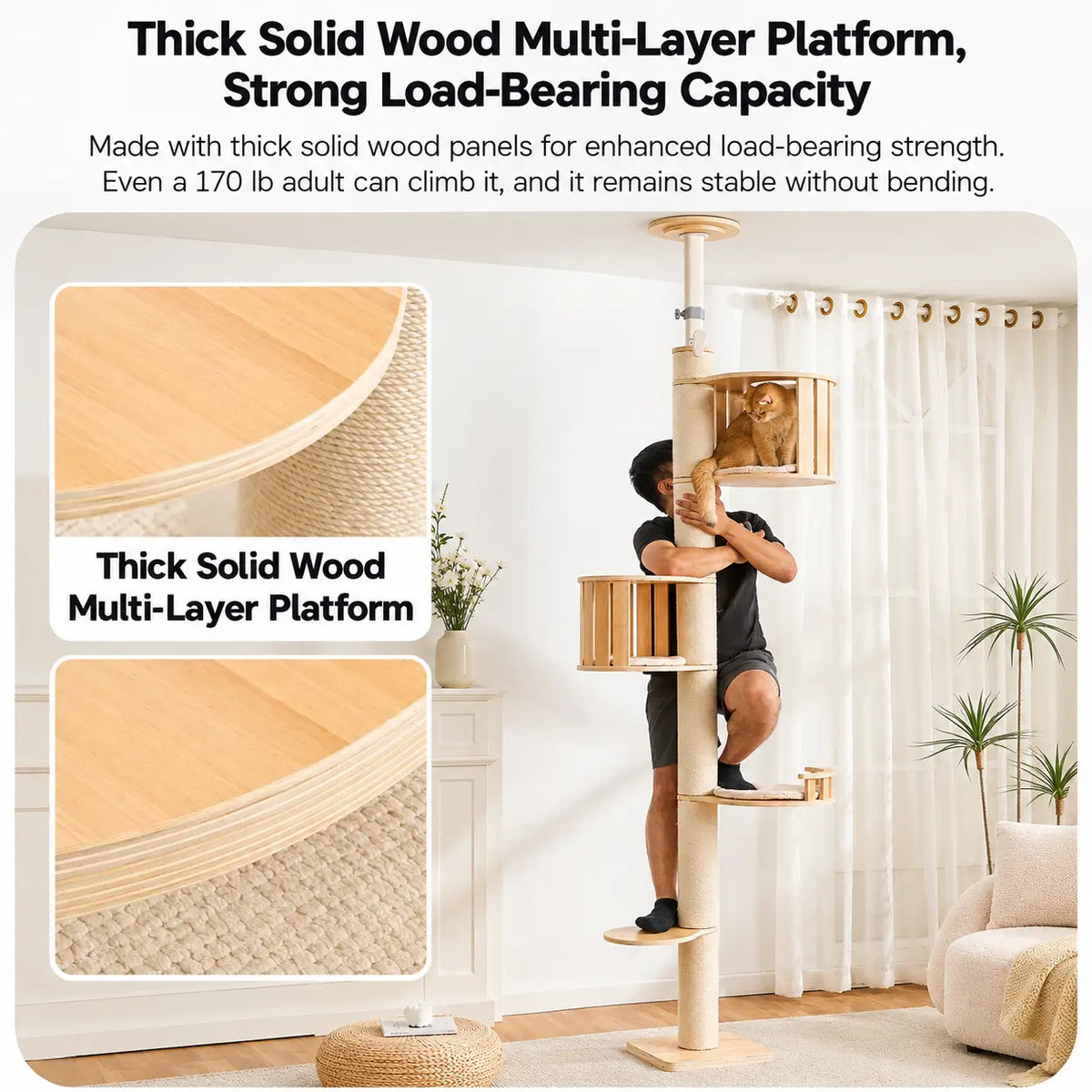 V03 wooden cat tree with thick multi-layer plywood platforms and tall hemp scratching column shown in a strength demonstration.