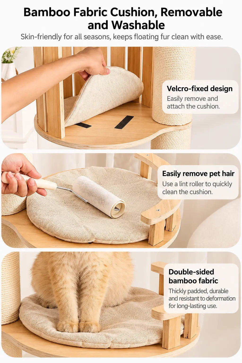Removable soft fabric cushions on V03 wooden cat tree platforms with hook-and-loop fastening for easy cleaning.