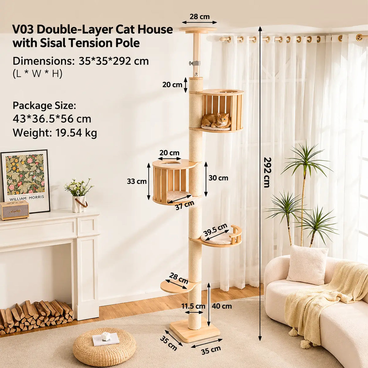V03 floor-to-ceiling cat tree dimensions showing 292cm height, 35 x 35cm base and two elevated cat condos.