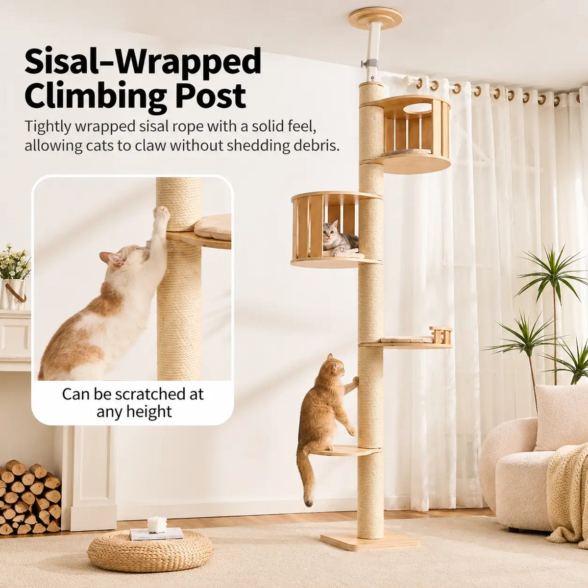 V03 floor-to-ceiling cat tree with white hemp rope scratching post, wooden platforms and elevated cat condos.